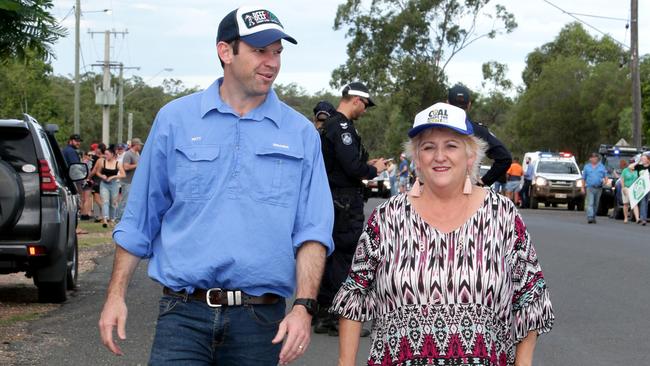 Resources Minister Matt Canavan and Member for Capricornia Michelle Landry near the Clermont protest against Bob Brown’s anti-Adani convoy in April