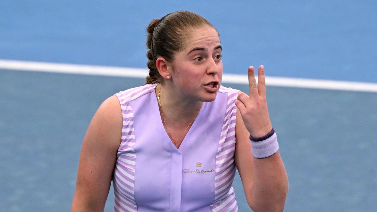 Latvia's Jelena Ostapenko reacts during her women's singles quarter-final match against Belarus' Victoria Azarenka at the Brisbane International tennis tournament in Brisbane on January 5, 2024. (Photo by William WEST / AFP) / --IMAGE RESTRICTED TO EDITORIAL USE - STRICTLY NO COMMERCIAL USE--