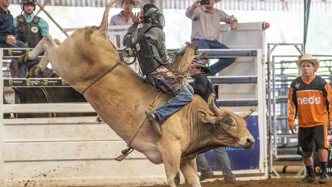 PBR championship leader Lachlan Richardson shows how it’s done on bull Zoo Animal at the Toowoomba Showgrounds.