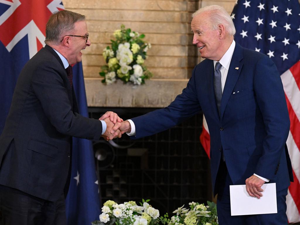 Joe Biden shakes hands with Anthony Albanese prior to their meeting during the Quad Leaders Summit at Kantei in Tokyo in 2022. Picture: AFP