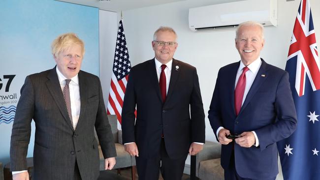 Scott Morrison had a trilateral meeting with American President Joe Biden and England’s Prime Minister Boris Johnson during the G7 Leaders meeting in Cornwall earlier this year. Picture: PMO.