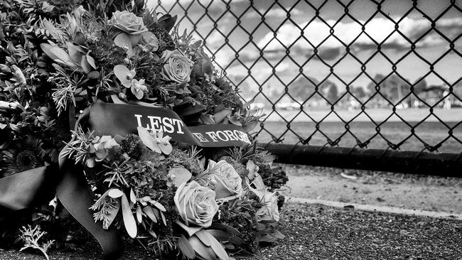 Lest we forget: A wreath laid at a suburban football ground.