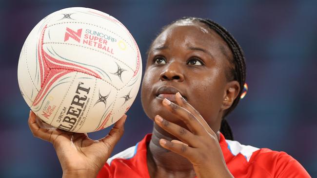 SYDNEY, AUSTRALIA - MAY 05: Sam Wallace-Joseph of the Swifts warms up ahead of the round four Super Netball match between NSW Swifts and West Coast Fever at Ken Rosewall Arena on May 05, 2024 in Sydney, Australia. (Photo by Jason McCawley/Getty Images)