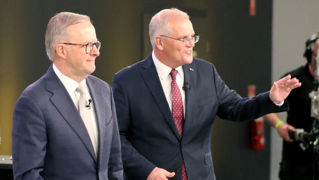 Anthony Albanese and Scott Morrison leave the debate. Picture: Steve Pohlner