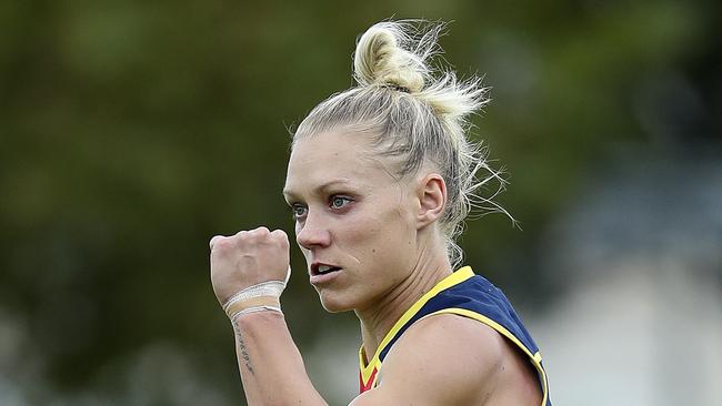 AFLW - 10/03/19 - Adelaide Crows v GWS Giants at Peter Motley Oval. Erin Phillips celebrates her goal. Picture SARAH REED.