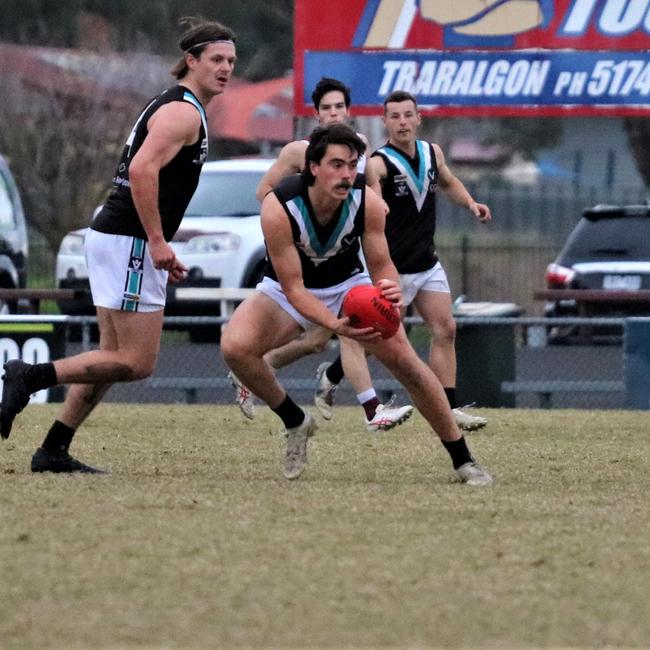 Wonthaggi's Ryan Sparkes takes possession against Traralgon. Picture: Daniel Heathcote (supplied)