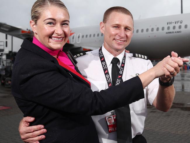 Qantas and Jetstar flights from Cairns to Melbourne and Sydney resume on Tuesday, after both cities were banned from traveling to Queensland due to COVID-19 outbreaks. Jetstar captain Rob Williamson and Qantas Link flight attendant Naomi Williamson, who are husband and wife, are looking forward to reuniting other family members in Cairns. Picture: Brendan Radke