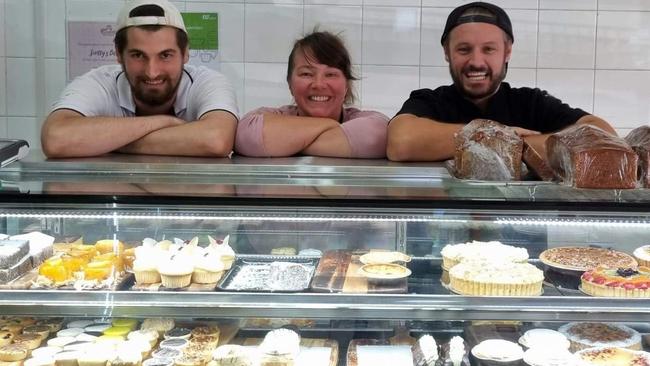 The winners — Scotty's Bakehouse at Collaroy Plateau. Owners Nadia (centre) and Scott Woods (right) with one of their skilled pastry chefs, Nick Cragg. Picture: Scotty's Bakehouse