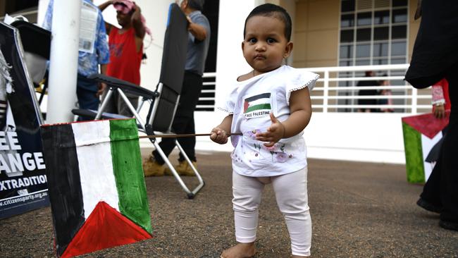 11-month-old Ruqayya Azeem at a pro-Palestine protest outside of the NT Parliament house on Friday October 27 calling for a ceasefire 20-days into the Gaza conflict.