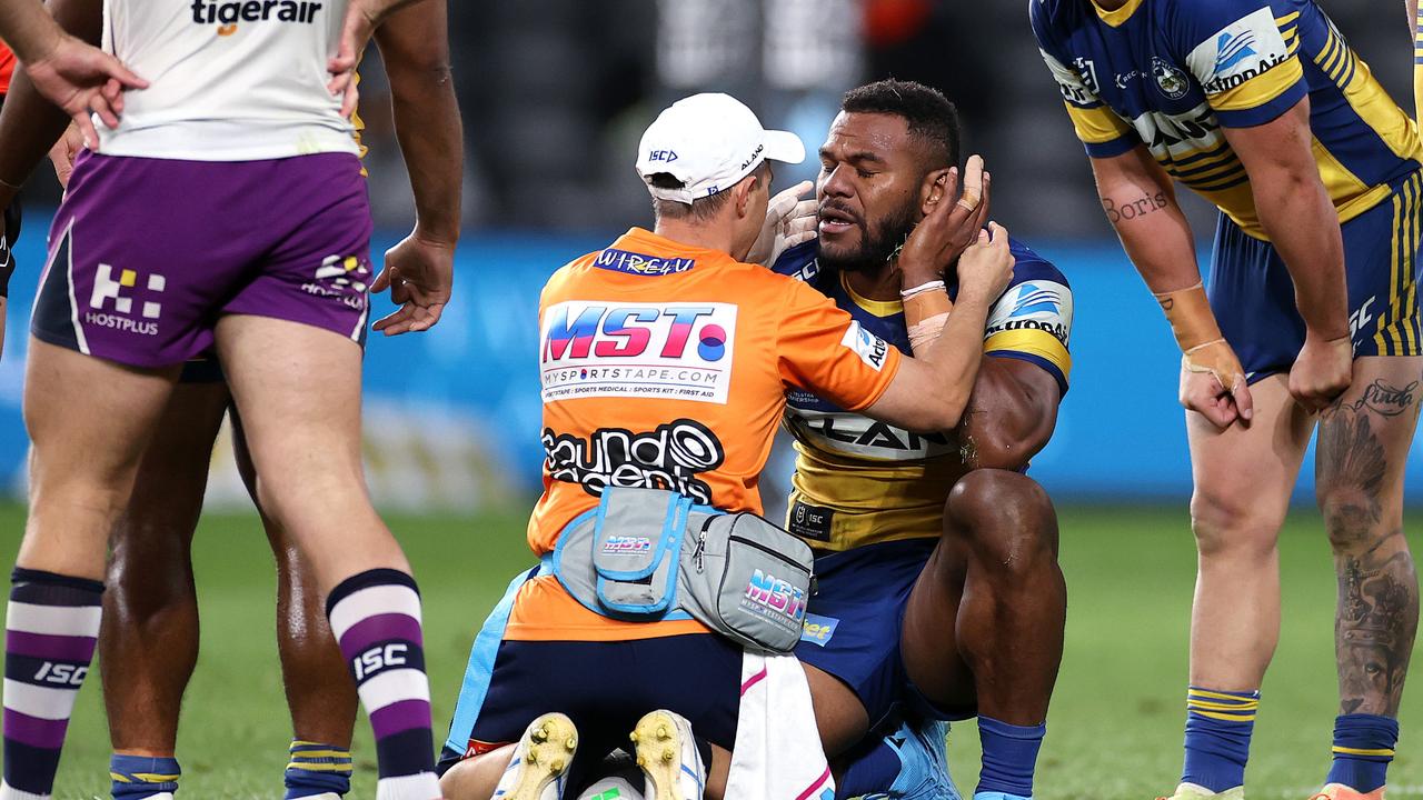 Parramatta's Maika Sivo is attended to after being tackled