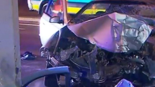 A man remains on the run after crashing into a Stobie pole at Klemzig this morning. He left his passenger in the car, the woman taken to hospital with serious injuries. Picture: Hannah Foord/10NewsFirst Adelaide