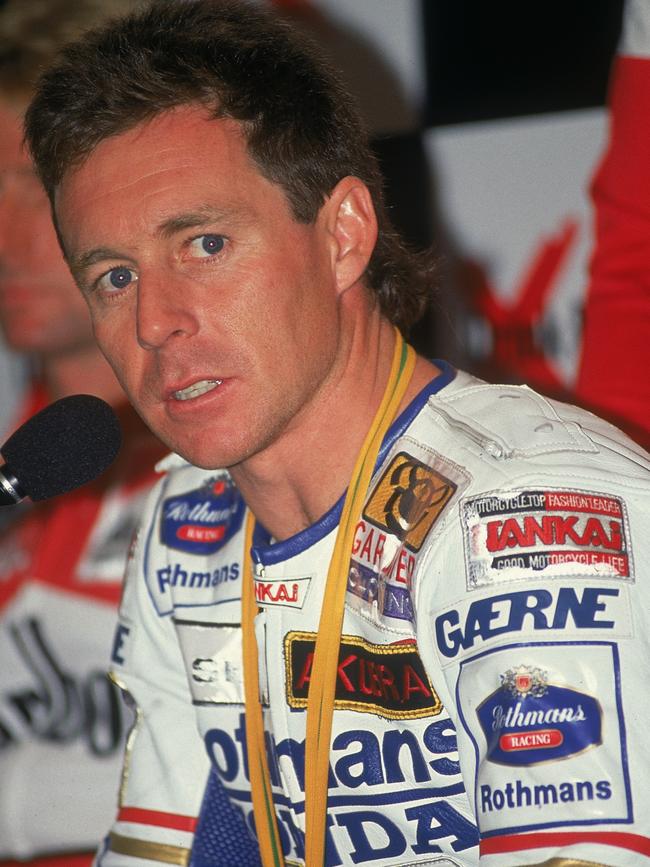 Wayne Gardner addresses the media after winning the 1989 Australian Motorcycle Grand Prix.