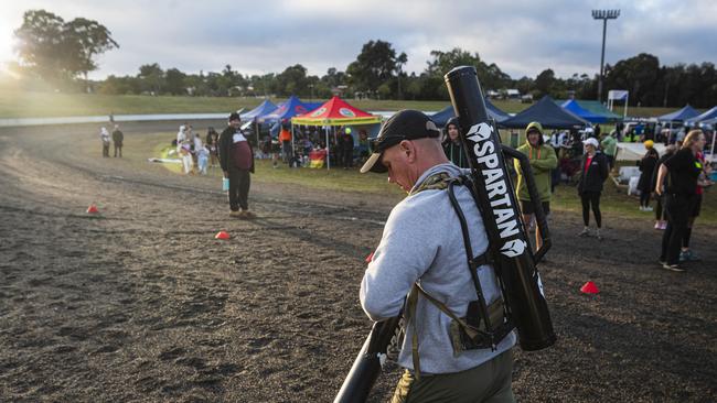 Spartans team member Geordie Horn sets off with his extra 40kg for the 40 for Fortey at Toowoomba Showgrounds, Sunday, June 2, 2024. Picture: Kevin Farmer