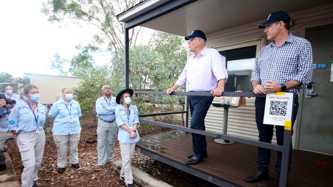 Prime Minister Scott Morrison and NT Chief Minister Michael Gunner during a visit to the Howard Springs Quarantine Facility. Picture: Glenn Campbell