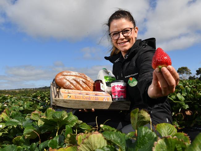 Megan Sherry poses for a photograph at the Harvest the Fleurieu in Mt Compass, Adelaide on Friday the 24th of April 2020. Harvest the Fleurieu's has produce boxes - an "essentials" box for $20 and a produce box for $35 amongst others. The story is about the best produce boxes in SA  and the company has created their produce boxes for delivery in response to COVID-19. (AAP/ Keryn Stevens)