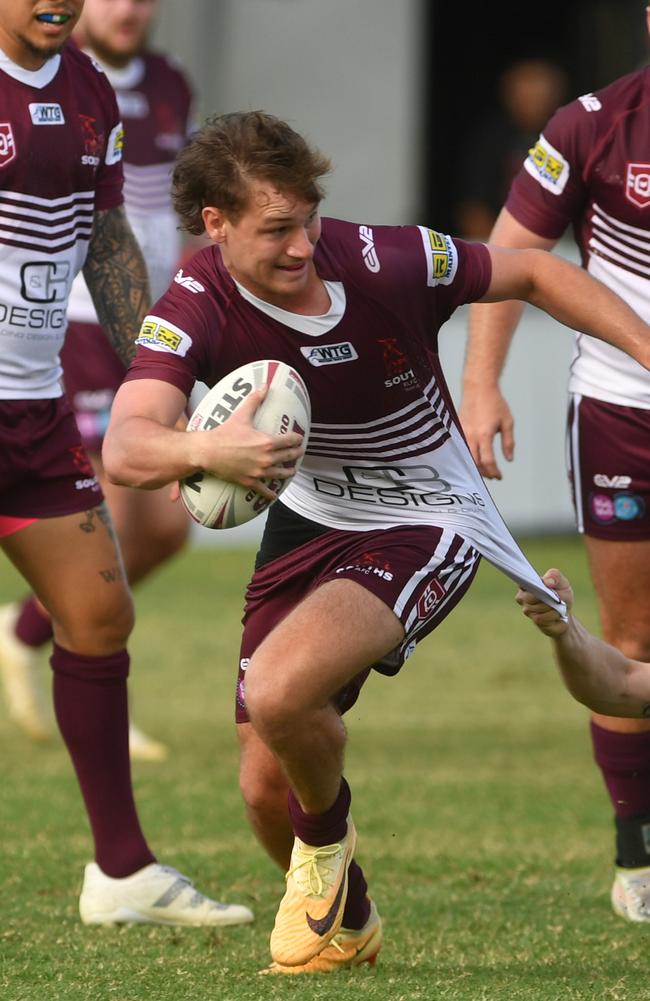 Round 1 of Rugby League Townsville and District clash between Brothers and Souths Bulls at Jack Manski Oval on April 1, 2023. Souths Declan Dowson tackled by Bradley Graham. Picture: Evan Morgan