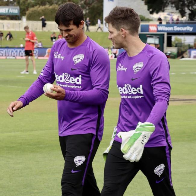 Paddy Dooley with Tim Paine pre-match. Picture: Hobart Hurricanes