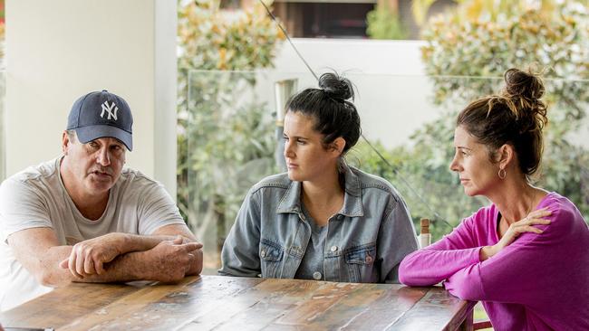 Nathan Vogel’s father David Vogel, (left) his younger sister Sigrid Vogel and stepmum Trina Oates open up yesterday about how they are dealing with the 36-year-old loveable larrikin’s death last week. Picture: Jerad Williams