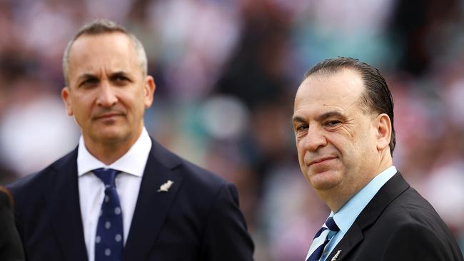 SYDNEY, AUSTRALIA - APRIL 25:  Andrew Abdo the Chief Executive Officer of the National Rugby League and Peter V'landys the Chairman of the Australian Rugby League Commission are seen as they wait to take part in the pre-game ANZAC ceremony before  the round seven NRL match between the St George Illawarra Dragons and the Sydney Roosters at Sydney Cricket Ground, on April 25, 2022, in Sydney, Australia. (Photo by Mark Kolbe/Getty Images)