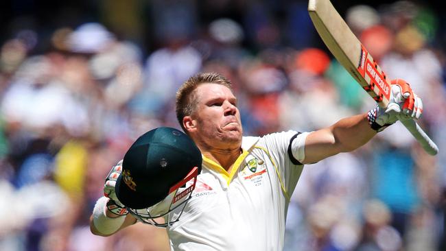 David Warner celebrates his century in the 2017 Boxing Day Test. Picture: Mark Stewart