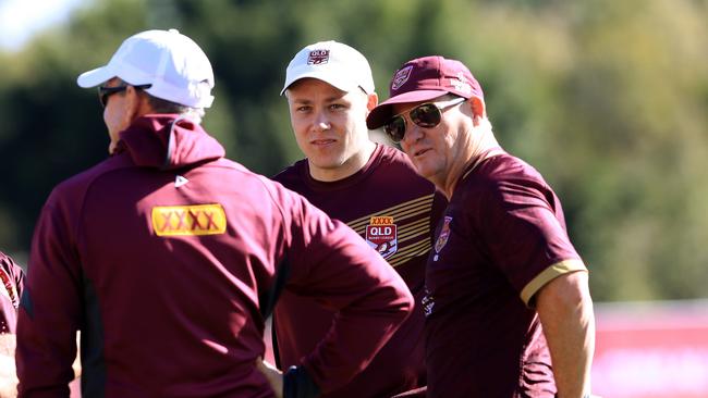 Former Maroons Origin coach Kevin Walters (right) with his son Billy at a Queensland Residents training session.