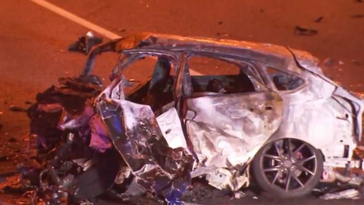 Four people, including a young child, have been killed in a terrible crash on a motorway near Brisbane. Picture: 9 News