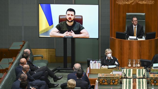 Ukrainian President Volodymyr Zelensky addresses Australia's parliament via video link on Thursday. Picture: Getty Images