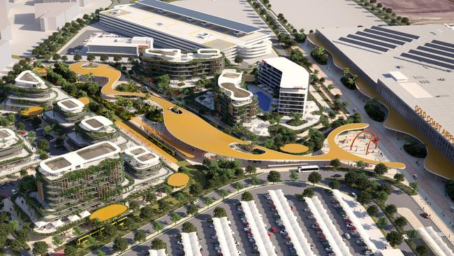 Artist impression of the Gold Coast Airport masterplan, which features new hotels, a light rail connection and retail precinct. Picture: Supplied