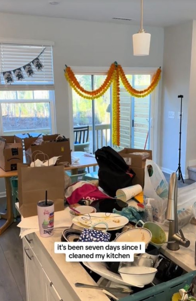 After isolating upstairs for a week with Covid, a woman was stunned to find the state her husband had left the kitchen in. Picture: TikTok/@healing_saddie