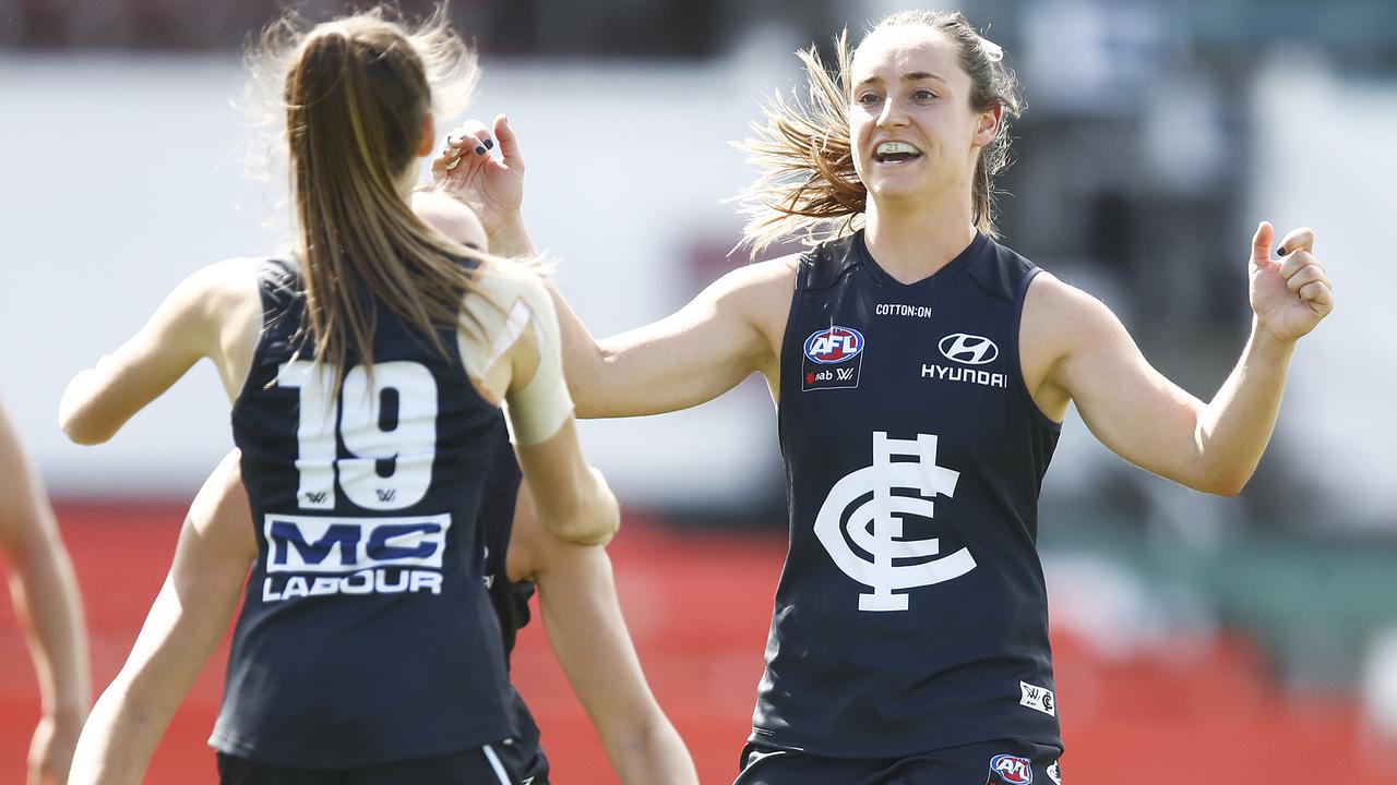 Georgia Gee celebrates during Carlton’s win over Brisbane. (Photo by Daniel Pockett/AFL Photos/Getty Images)