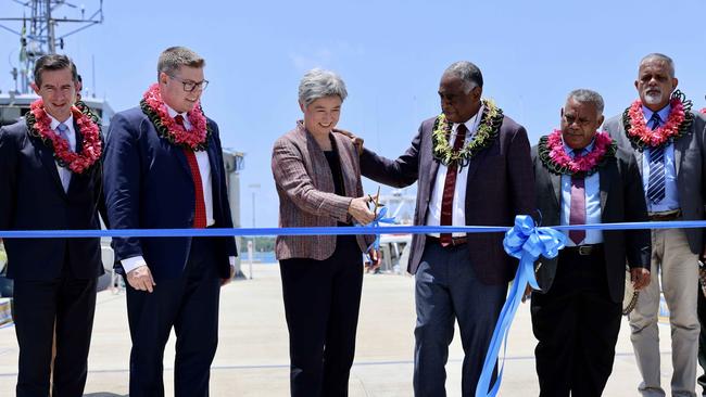 Foreign Minister Penny Wong with Vanuatu Prime Minister Ishmael Kalsakau for the handover this week of an Australian-funded wharf to the country’s police force. Picture: DFAT