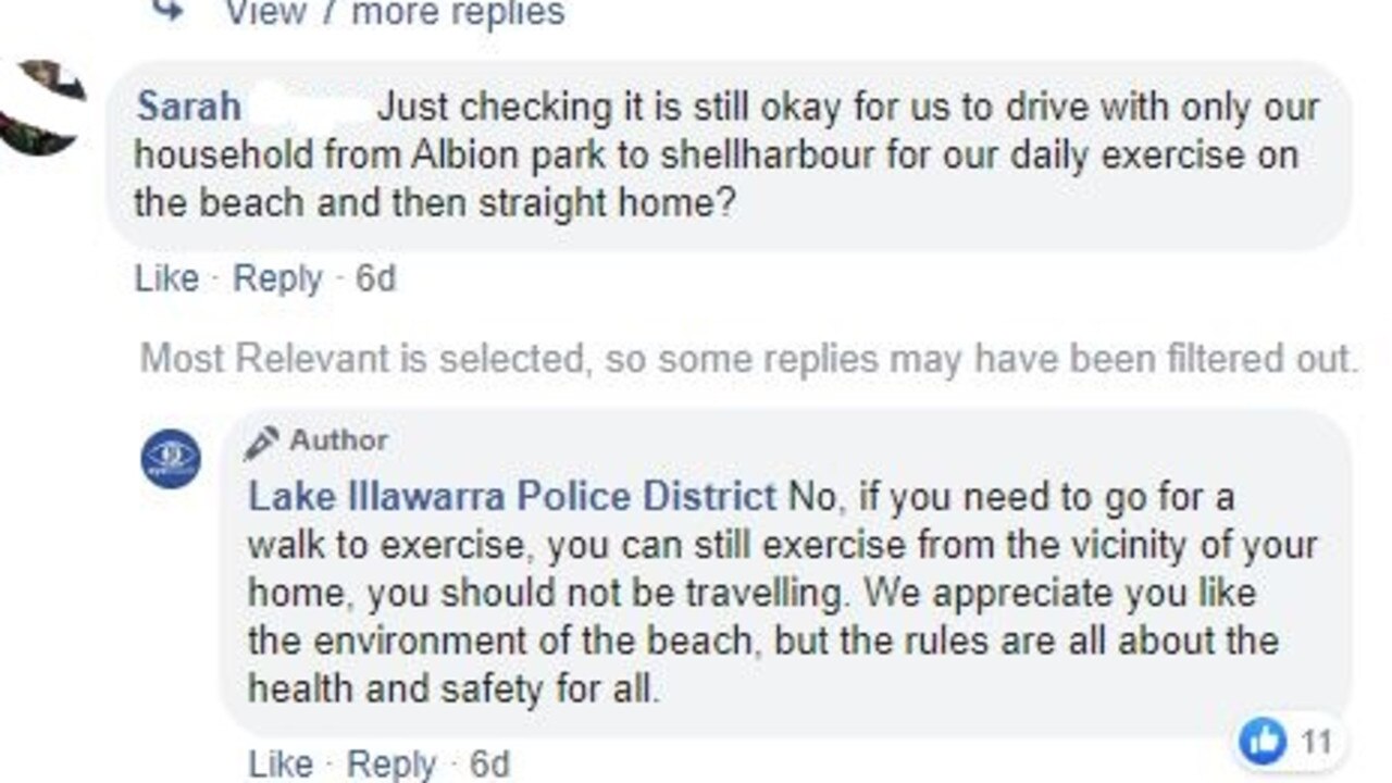 But in an earlier response on April 8, Lake Illawarra Police District told a local she should not be travelling to exercise. Picture: Facebook