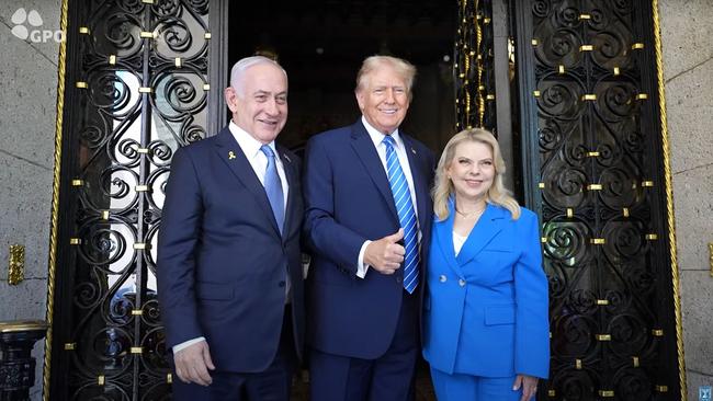 Israeli Prime Minister Benjamin Netanyahu and wife Sara welcomed by Donald Trump at Mar-a-Lago in July this year. Picture: Israeli Government Press Office / AFP