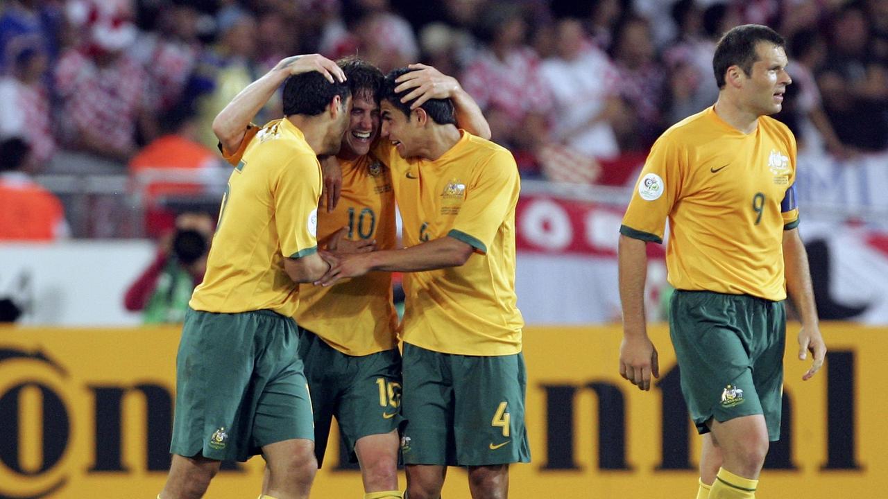 Harry Kewell celebrates with his teammates after scoring his sides second goal to level the scores at 2-2 against Croatia in the 2006 World Cup.