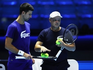 TURIN, ITALY - NOVEMBER 13: Novak Djokovic of Serbia with his coach Marian Vajda during a practice session ahead of the Nitto ATP Tour Finals at Pala Alpitour on November 13, 2021 in Turin. (Photo by Clive Brunskill/Getty Images)