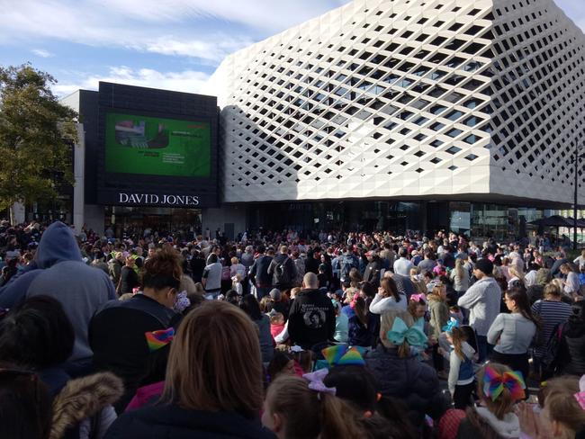 Fans pack to Town Square at Eastland to watch JoJo Siwa’s performance on the big screen. Picture: Carrie Roussety/ Facebook