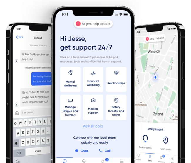 Sonder provides 24/7 live chat with registered professionals such as nurses, psychologists, and emergency responders, plus a range of wellbeing resources and safety support.