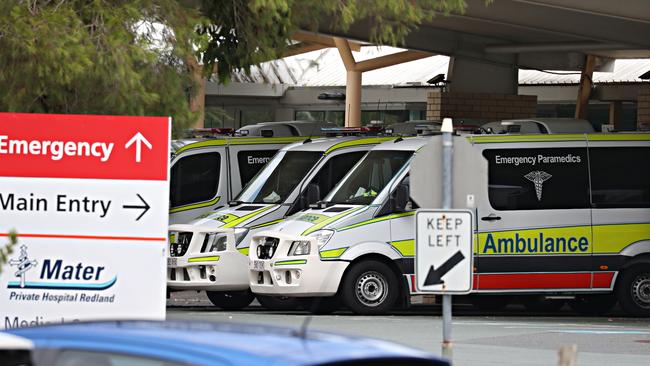 Ambulances parked at Redland Hospital. Picture: Annette Dew