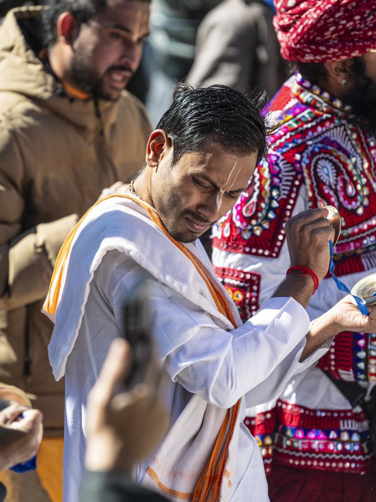 Bishowjit Mazumder adds to the music during Toowoomba's Festival of Chariots, Saturday, July 20, 2024. Picture: Kevin Farmer