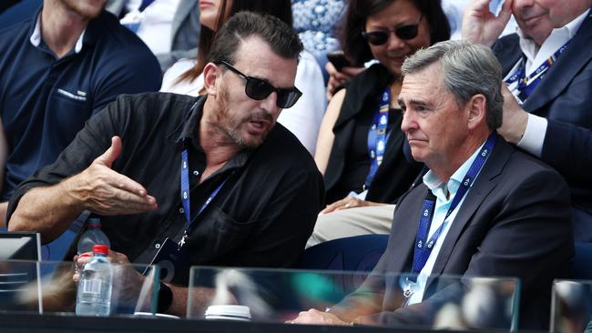 Richmond CEO Brendon Gale, left, chats with former Victorian premier John Brumby at the Australian Open tennis earlier this year. Picture: Michael Klein