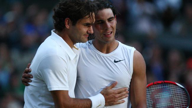 Spain's Rafael Nadal, right, defeats Switzerland's Roger Federer at Wimbledon in 2008. Fourteen years later, the pair are still on top of their games. Picture: AFP