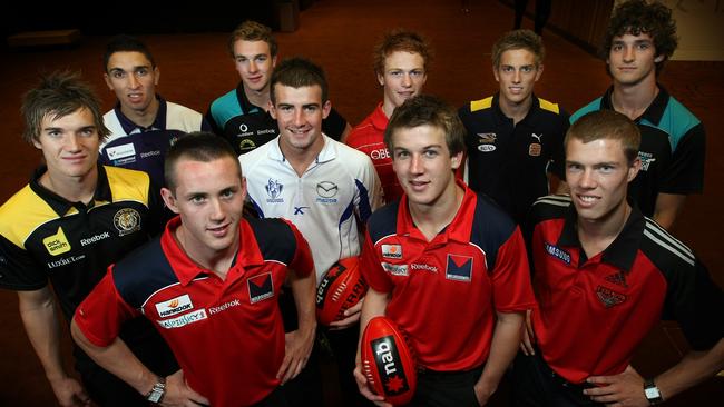 The top 10 at the 2009 AFL Draft from left to right: Dustin Martin (Richmond), Anthony Morabito (Fremantle), Tom Scully (Melbourne), Andrew Moore (Port Adel), Ben Cunnington (Nth Melb), Gary Rohan (Sydney), Jack Trengove (Melbourne), Bradley Sheppard (Brad Sheppard) (West Coast), Jake Melksham (Essendon) and John Butcher (Port Adelaide)