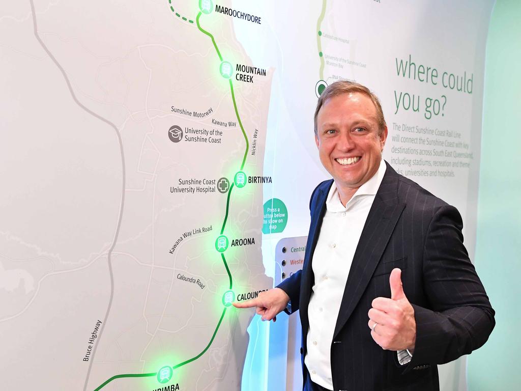 Premier Steven Miles officially opens a new information and engagement centre for the Sunshine Coast direct rail at Caloundra. Picture: Patrick Woods