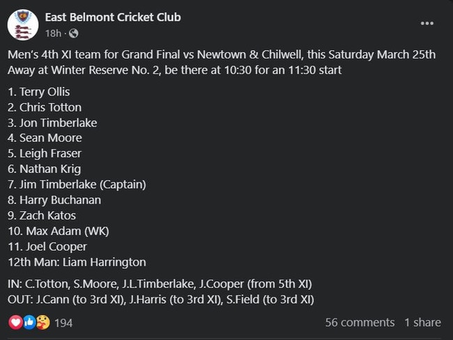 East Belmont has named Liam Harrington as 12th man for the club's grand final against Newtown &amp; Chilwell.