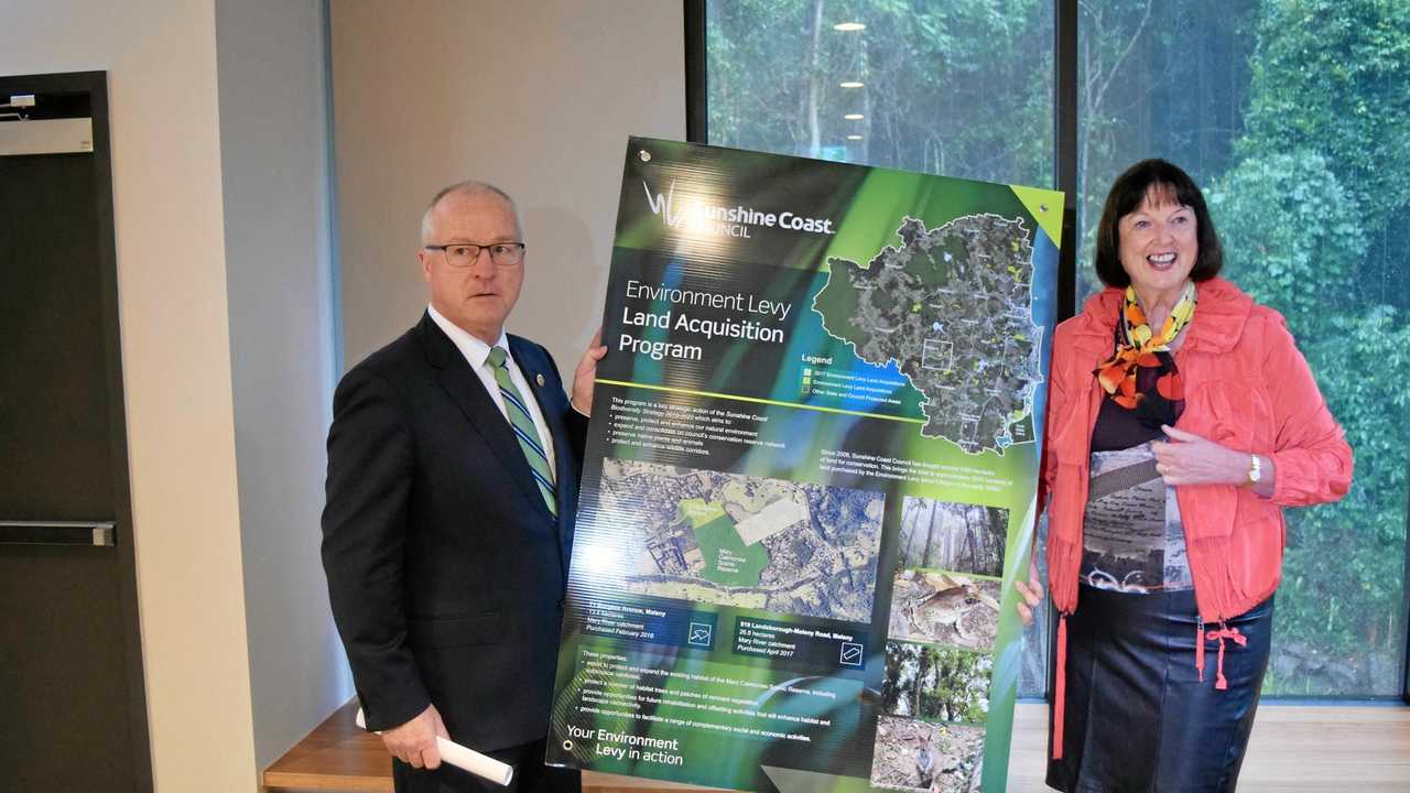 RESERVE EXPANDED: Sunshine Coast Mayor Mark Jamieson and Cr Jenny McKay celebrate the purchase of a $1.2 million tract of land beside Mary Cairncross Scenic Reserve. Picture: Stuart Cumming