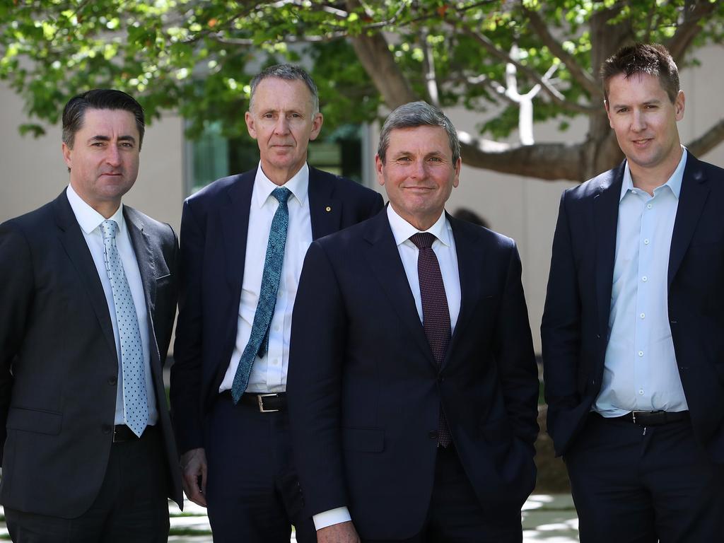 ABC director of News Gavin Morris, Group Executive Corporate Affairs News Corp Australia Policy and Government Relations Campbell Reid, Nine Political Editor Chris Uhlmann and Nine Group Executive Editor James Chessell in Canberra. Picture: Kym Smith