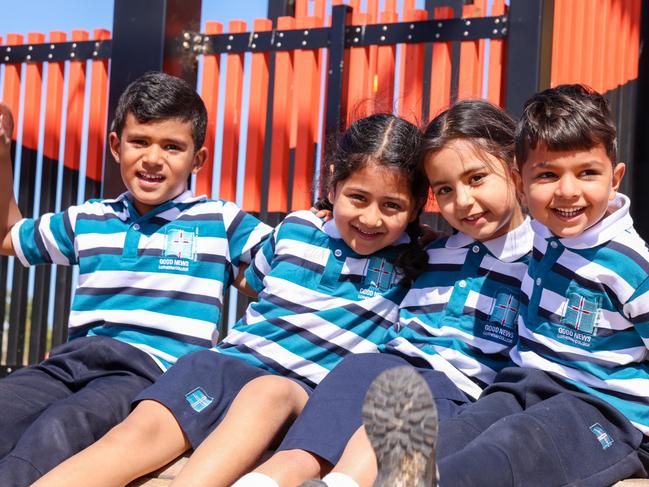 Advik, Anika, Priyana and Aryun enjoying a playground in Mambourin where their new school will be built.Picture: Good News Lutheran College