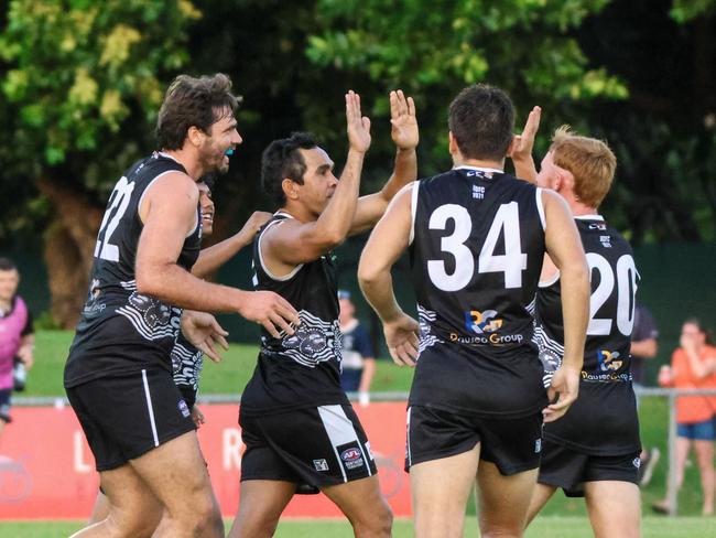 Eddie Betts celebrates one of his four goals against Waratah in Round 4. Picture: Celina Whan / AFLNT Media.