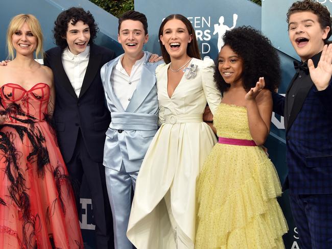 Stranger Things stars Cara Buono, Finn Wolfhard, Noah Schnapp, Millie Bobby Brown, Priah Ferguson, and Gaten Matarazzo. Picture: Getty Images