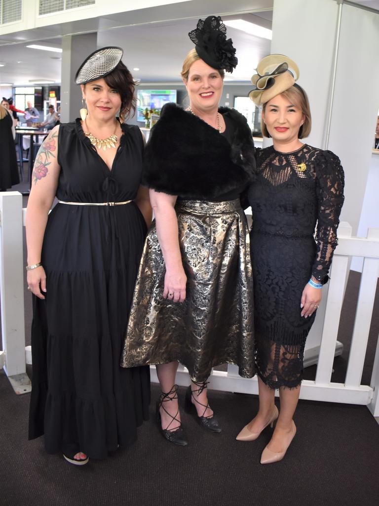 Marie Alley, Melissa Gennings and Migaa Fargher at the 2023 Rockhampton Girls Grammar 21st Race Day.